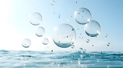 Aufkleber - Mesmerizing close up of large ethereal water bubbles suspended in mid air against a tranquil ocean blue backdrop creating a serene and wallpaper or background