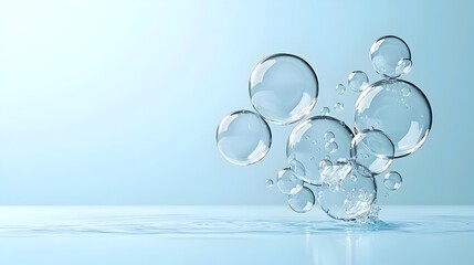 Leinwandbilder - Transparent and floating water air bubbles against a soft blue background with gentle light reflections creating a dreamy serene and ethereal underwater wallpaper design