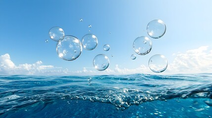 Aufkleber - Mesmerizing Floating Water Bubbles Suspended on a Smooth Gradient Ocean Blue Background Creating a Tranquil and Calming Underwater Atmosphere Perfect for a Relaxing Wallpaper or Meditation Backdrop