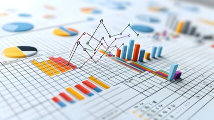 Fototapete - Detailed data visualization with vibrant intersecting line and bar charts on a grid backdrop showcasing intricate financial data analysis and insights