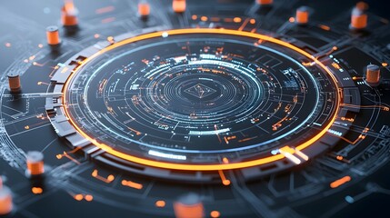 Fototapete - Futuristic technology circle with glowing data streams and complex digital connections set against a dark backdrop symbolizing big data and digital innovation in a 3D rendering