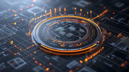 Poster - Stunning 3D render of a futuristic digital circle with dynamic data points and glowing lines set against a dark background representing the power of technology data visualization