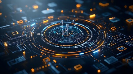 Poster - Glowing tech circle with complex digital data streams and interconnected lines against a dark backdrop representing the power of big intelligence and advanced technology in a 3D rendered scene
