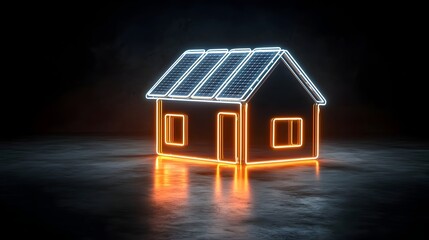 Leinwandbilder - Neon solar powered house icon with solar panels on the roof glowing on a sleek black background  This digital represents the concept of renewable energy sustainable electricity the future of smart