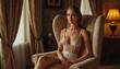 © Roman - A blonde woman in white lace lingerie sits in a vintage chair in a bedroom setting, gazing at the camera with a confident, sensual expression. She appears elegant and luxurious.
