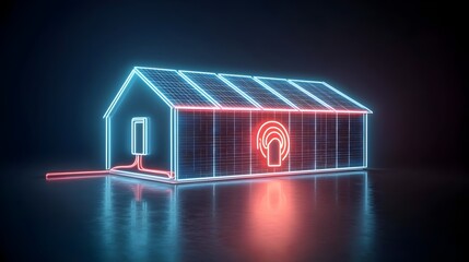 Aufkleber - Bright neon house with solar panels generating clean renewable electricity on a dark background featuring a glowing plug icon symbolizing the power of sustainable energy solutions