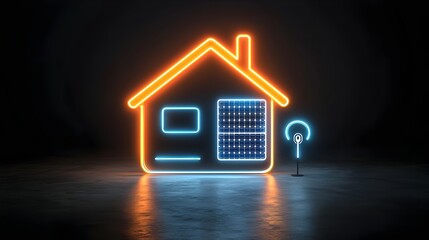 Leinwandbilder - Glowing neon icon of an eco friendly home with illuminated solar panels and an electrical plug set against a stark black background