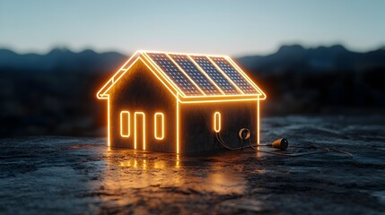 Poster - Glowing solar powered neon house icon with illuminated roof panels and a plug set against a dark background to visually represent sustainable energy technology and renewable power sources