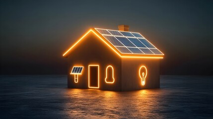 Glowing neon house with solar panels on the roof generating electricity with a plug symbol set on a dark background to represent energy efficiency and renewable power