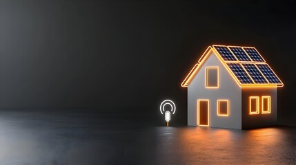 Poster - Vibrant neon house with solar panels glowing on its roof featuring a plug symbol against a dark backdrop representing the concept of sustainable and renewable energy solutions for modern homes