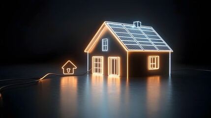 Poster - Glowing Neon House with Solar Panels and Plug Icon Representing the Concept of Renewable Clean and Sustainable Energy on a Black Background