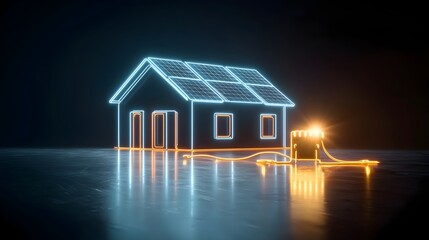 Poster - Neon Illuminated House with Solar Panels Generating Electricity Showcasing Innovative Renewable Energy Concepts for a Sustainable Future