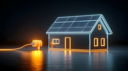 Poster - Neon Illuminated House with Solar Panels Generating Renewable Electricity   Futuristic Emphasizing Clean Energy and Sustainability