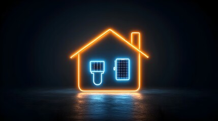 Wall Mural - Glowing neon icon of a house with solar panels and a plug symbol set against a dark background to showcase the concept of clean energy and renewable power technology