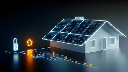 Leinwandbilder - Neon solar panel roof icon on a house generating clean renewable electricity with a power plug icon representing sustainable energy concepts and environmental technology