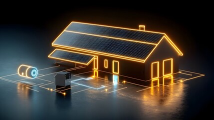 Wall Mural - Neon solar panel roof icon on a house representing clean renewable electricity on a black background  of sustainable energy technology and eco friendly power concepts