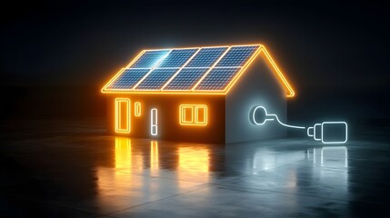 Leinwandbilder - Neon solar panel roof icon on a house generating electricity with a plug icon on a black background representing clean and sustainable energy concepts for a modern eco friendly future