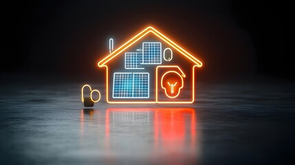 Leinwandbilder - Futuristic neon house with illuminated solar panels and an electrical plug glowing on a dark background to represent innovative and eco friendly electricity solutions