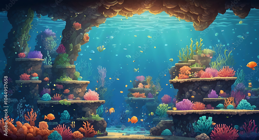 Pixelated 8-bit style underwater background with coral reefs, fish, and ...