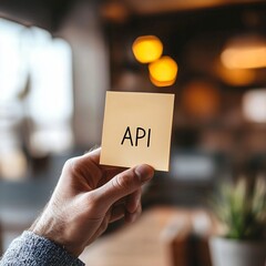 Hand holding a yellow sticky note with the word API written on it
