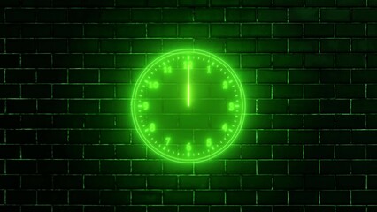 Wall Mural - Neon clock isolated, counting down analog clock symbol, Glowing neon clock