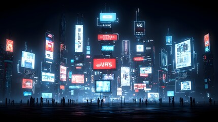 Aufkleber - Neon lit Futuristic Cyber Metaverse Cityscape with Glowing Skyscrapers and Signboards in Abstract Game Style  A surreal