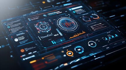 Aufkleber - Futuristic 3D virtual business intelligence dashboard featuring an abstract technology interface with data visualizations