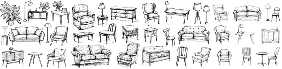 Various furniture set that includes a sofa, a chair, an armchair, bedside tables, bed, tables, lamps, and bedside tables. The sketch is a black and white modern sketch illustration.