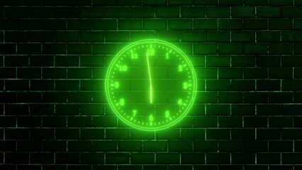 Wall Mural - Neon clock isolated, counting down analog clock symbol, Glowing neon clock