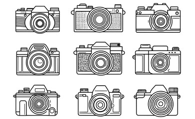 Hand drawn contour collection of different photo cameras.