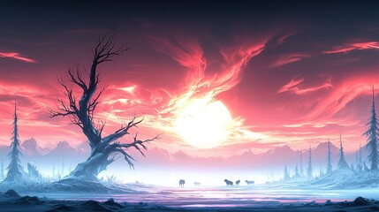 A serene arctic wilderness with pastel skies, snow-covered trees, and a family of wolves roaming the icy plains.