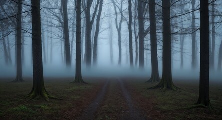  Mysterious fog rolling through an abandoned forest background thick fog creeping along the forest floor obscuring the path ahead