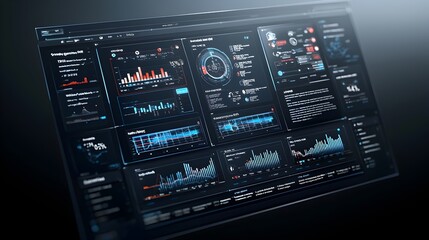 Fototapete - Immersive Virtual 3D Dashboard Featuring Abstract Technology Graphics and Data Groups for Comprehensive Business Intelligence Analytics and Insights