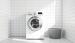 © Sergey - Loaded washing machine standing in white tiled bathroom isolated with white highlights, png