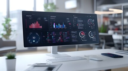 Aufkleber - Innovative business intelligence dashboard showcasing a dynamic 3D virtual interface with interactive data groups providing real time analytics and visual trends for strategic decision making