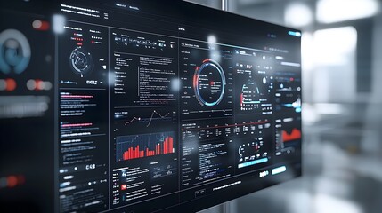 Fototapete - Sleek 3D rendered business intelligence dashboard featuring abstract technology graphics and virtual data analysis tools offering valuable insights into company performance and key metrics