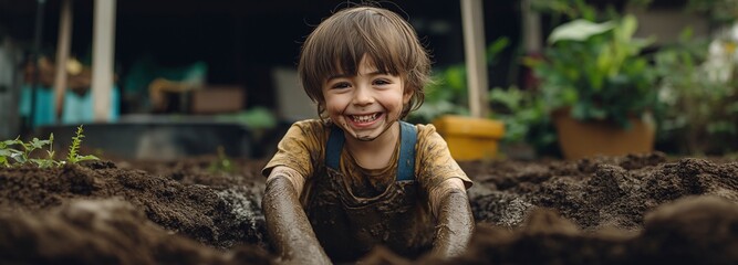 Wall Mural - A happy, smiling child is having fun in the backyard garden while playing with mud and dirt..
