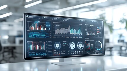 Fototapete - Innovative and Futuristic Business Intelligence Dashboard Showcasing Key Metrics Insights and Analytics through Cutting Edge 3D Data Visualization and Abstract Technology Elements