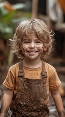 Wall Mural - A happy, smiling child is having fun in the backyard garden while playing with mud and dirt..