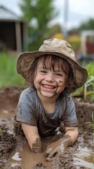 Wall Mural - A happy, smiling child is having fun in the backyard garden while playing with mud and dirt..