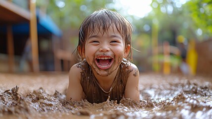Wall Mural - A happy, smiling child is having fun in the backyard garden while playing with mud and dirt..