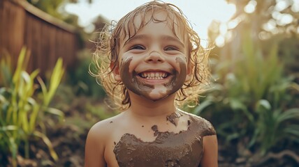 Wall Mural - A happy, smiling child is having fun in the backyard garden while playing with mud and dirt..