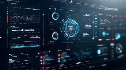 Poster - Comprehensive virtual 3D dashboard interface for business intelligence and data analytics featuring abstract technology graphics data charts