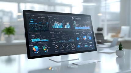 Poster - Futuristic 3D virtual business intelligence platform with abstract technology design featuring detailed data analytics and group visualization tools for strategic planning and decision making
