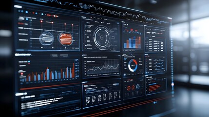 Aufkleber - Virtual business intelligence dashboard featuring abstract technology visuals and 3D data rendering offering deep insights and advanced analysis to support strategic decision making