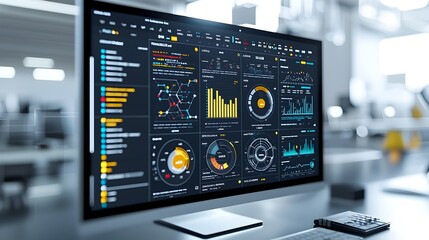 Aufkleber - Futuristic Virtual Business Intelligence Dashboard Featuring Abstract Technology Visuals and 3D Data Rendering Offering Deep Insights and Advanced Analytics for Informed Decision Making