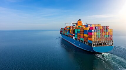 Aufkleber - Majestic cargo ship loaded with colorful containers sailing peacefully across the calm ocean its reflection mirroring on the surface under a vibrant blue sky  Captured from a side angle