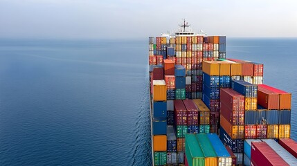 Aufkleber - Majestic cargo ship sailing across the open sea its vibrant stacked containers visible from the side set against a soft gradient sky meeting the horizon