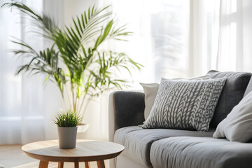 cozy living room featuring modern Scandinavian design with comfortable sofa adorned with decorative pillows. potted plant adds touch of nature, enhancing inviting atmosphere