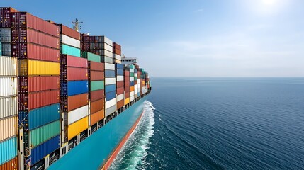 Aufkleber - Majestic cargo ship with towering stacks of containers gliding across the open sea with a bright and clear sky hovering above its path